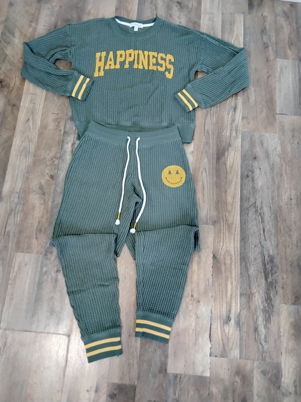 Olive 'Happiness' Waffle Jogger Pants with Yellow Smile Accent
